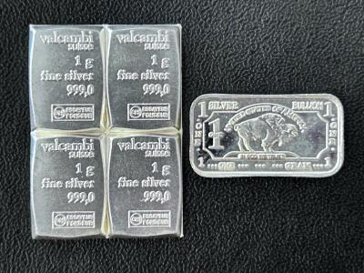 5x 1g Silver Bullion Bars, .999 Fine, Valcambi Suisse And Buffalo Design