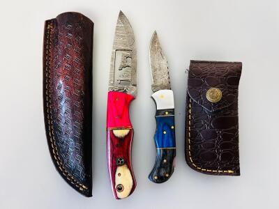 Custom Damascus Steel Fixed Blade Art Knives, Mosaic Handles, Leather Sheaths, Scene Cutout