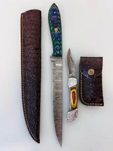 Custom Damascus Steel Knife Set &ndash; Fixed Blade & Lockback Folder, Tooled Leather Sheaths, Decorative Handles