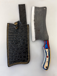 Hand-Forged High-Carbon Steel Cleaver, 7.5" Blade, Laminated Wood Handle, Faux Leather Sheath
