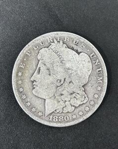 1880 Morgan Silver Dollar, Philadelphia Mint, 90% Silver, Well-Circulated, Liberty Eagle Design