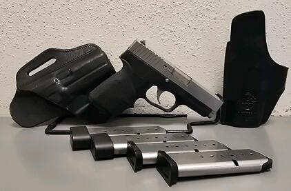 Kahr CW9 9mm Pistol, Stainless Slide, 4 Extra Magazines, 2 Holsters, Hogue Grip, SN YB7511