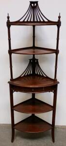 Edwardian Style Mahogany Corner Shelf Stand with Decorative Fretwork and Drawer, 5 Shelves 70"Tall,12"Wide