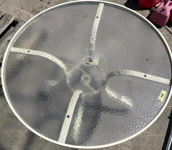 48" Round Glass Outdoor Patio Table, Metal Frame, Umbrella Hole, Off-White/Beige
