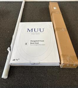MUU Elongated Front Toilet Seat 18.5" White & Adjustable Rolling Garment Rack, New In Box, 46" Ceiling Fan Downrod