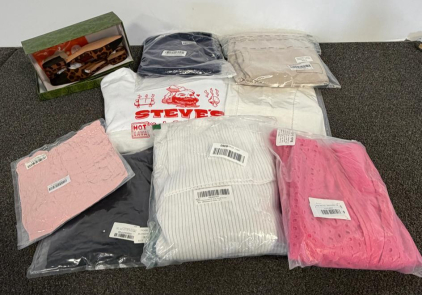 Women's Clothing Lot, 9 Items, Mixed Tops, Jeans, Hoodie, Dress, Large, New W/ Boxed Sandals