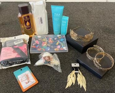 Women's Beauty & Accessory Lot: Tula Cleanser, Bajaj Oil, Jewelry, Makeup, Plush Toy