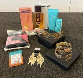 Women's Beauty & Accessory Lot: Tula Cleanser, Bajaj Oil, Jewelry, Makeup, Plush Toy