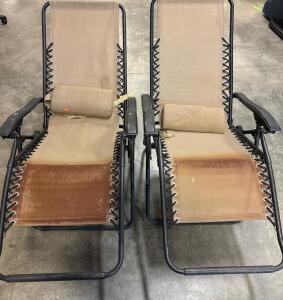 Pair Of Zero Gravity Recliner Lounge Chairs, Tan Mesh, Powder-Coated Steel Frame, Adjustable Positions