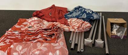 Home Decorators Curtain Set&mdash;Red/Blue Floral & Geometric Panels, Adjustable Rods, Swirl Finials