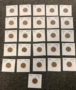 Lincoln Wheat Penny Collection 1940&ndash;1958, Multiple Mint Marks, 26 Coins In Cardboard Flips