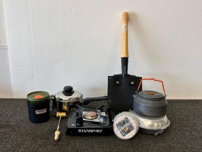 Compact Camping Cooking Kit w/ Stansport Stove, Stanley Mug, Luci Solar Light, Shovel & Cookware