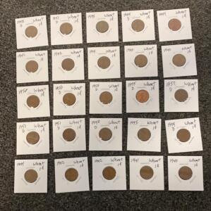 Lincoln Wheat Cents, Lot Of 35, 1940&ndash;1958, Mixed Dates And Mints, Circulated, 95% Copper