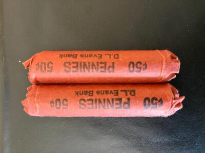 2 Rolls of U.S. Pennies, 50 Coins Each, $1 Total Face Value, D.L. Evans Bank Wrappers