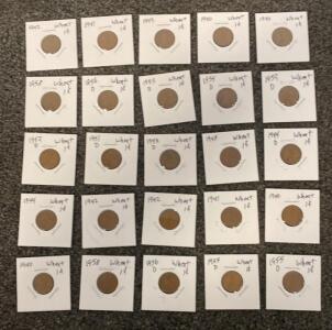 Lincoln Wheat Cent Lot, 25 Coins, 1940&ndash;1958, Mixed Mint Marks, 2x2 Holders, Circulated Bulk
