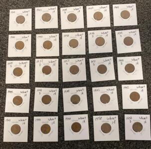 Lincoln Wheat Cent Collection, 25 Coins, 1940-1958, Circulated, Multiple Dates & Mint Marks