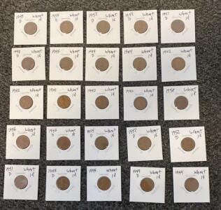 Lincoln Wheat Penny Lot &ndash; 25 Coins, 1940-1958, Denver & Philadelphia Mints, Bronze, 1 Cent Coins