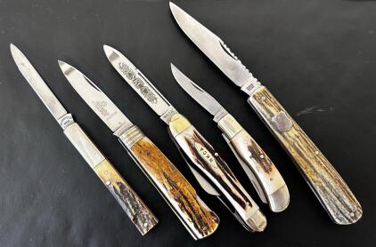 Vintage Stag Handle Folding Pocket Knives Lot &ndash; NKCA 1980, Sheffield, Solingen, Browning, Japan