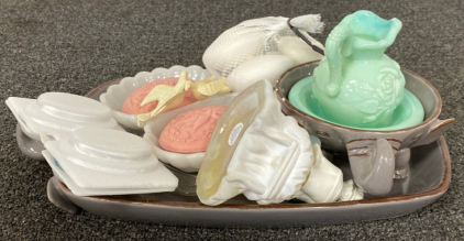 Assorted Avon Soaps, Ceramic Tray, and Candles