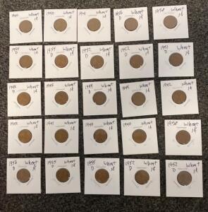 Lincoln Wheat Penny Collection - 25 Coins - Assorted Years 1940&ndash;1958, Denver & Philadelphia