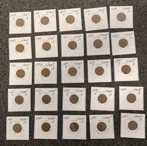 Lot Of 25 Lincoln Wheat Cents 1940-1958, Multiple Mint Marks, 95% Copper, Circulated