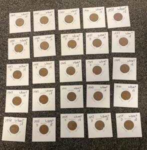 Lot Of 25 Lincoln Wheat Cents, 1940&ndash;1958, Mixed Dates & Mints, Circulated, In 2x2 Holders
