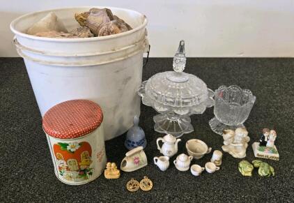 Large Bucket Rocks/ Petrified Wood (~50 lbs), Vintage Strawberry Shortcake Tin, Glass, Miniatures, Figurines