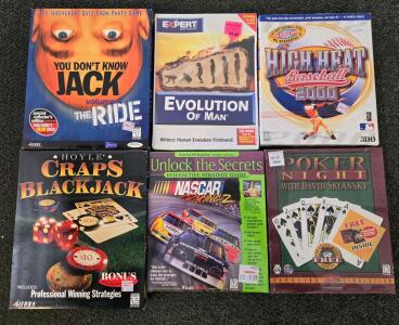 Lot of 7 Vintage Big Box PC CD-ROM Games: You Don&rsquo;t Know Jack, NASCAR 2 Guide, High Heat 2000, More