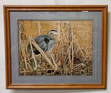 R.S. Parker 1988 Framed Wildlife Art Print &ndash; Great Blue Heron, Double-Matted, Oak Frame, Signed