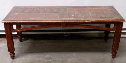 Vintage Solid Wood Coffee Table, Paneled Top, Turned Legs, Approx 54x24x18 Inches, Distressed Finish