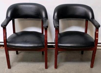Set of 2 Wood Frame Guest/Reception Armchairs, Black Vinyl Upholstery, Nailhead Trim, Padded Arms 35"x33"