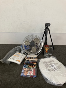 Toilet seat, movies, camera stand, fan and more