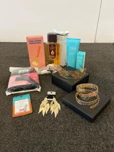 Women's Beauty & Accessory Lot Tula Cleanser, Bajaj Oil, Jewelry, Makeup, Plush Sheep