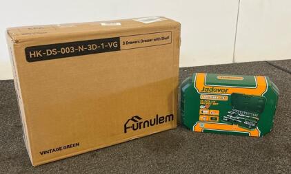 Furnulem 3-Drawer Dresser With Shelf, Model HK-DS-003-N-3D-1-VG, Vintage Green, Metal Frame & More