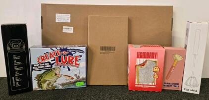 Create-A-Lure Fishing Kit, Legendary Protein Pastry, Makeup Tool, Egg Whisk, Tumbler Bottle, Privacy Monitor & Decor