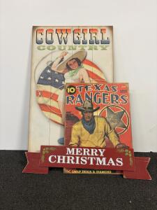 Set Of 3 Western & Holiday Decorative Wood Wall Signs, Cowgirl Country, Texas Rangers, Merry Christmas