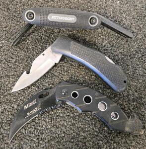 MTech USA SWAT Rescue Folding Knife, Ridge Runner Gut Hook Knife & Pittsburgh Metric Hex Key Set