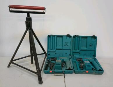 Adjustable Roller Stand 12 1)2" Roller, (2) Makita 9.6 Volt Cordless Drills With Cases, Chargers And One Spare Battery