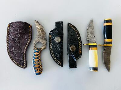 Handmade Damascus Fixed-Blade Knife Set &ndash; Hunting & Karambit, Custom Handles, Leather Sheaths