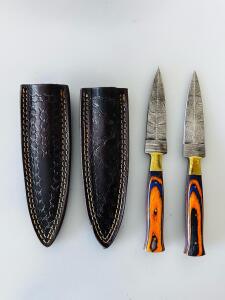 Damascus Steel Fixed Blade Knife Set &ndash; 4.5" Blades, Custom Dyed Wood Handles, Leather Sheaths