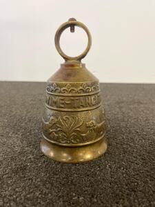 Ornate Brass Handbell with Animal Motif & Inscription, Loop Handle, Approx. 4&ndash;5 in Tall