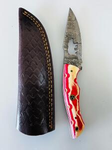 Custom Damascus Fixed Blade Knife 4" Blade, Multi-Color Wood Handle, Leather Sheath, Bottle Opener