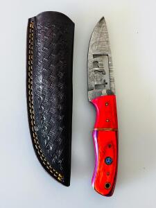 Custom Damascus Fixed-Blade Knife, Bear Cut-Out, Red Dyed Wood Handle, Leather Sheath, Mosaic Pin