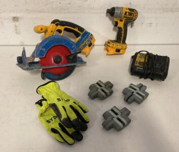 DEWALT DCS391B 20V MAX 6-1/2" Cordless Circular Saw, Charger, Impact Driver, Gloves, Clamps ( Untested )