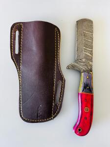 Custom Damascus Steel Cleaver Knife, Full Tang, Mosaic Handle, Leather Sheath Included