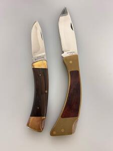 Browning Folding Pocket Knives Pair &ndash; Wood/Brass Handles, USA & Japan, Drop Point Blades