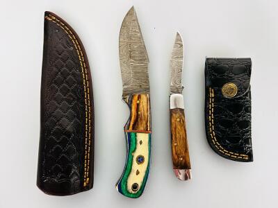 Custom Damascus Steel Knife Set - Fixed Blade & Folding Knife With Wood Handles And Leather Sheaths