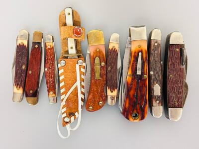 Vintage Camillus & Remington Folding Pocket Knives & Fixed Blade Knife Set, USA, Jigged Handles