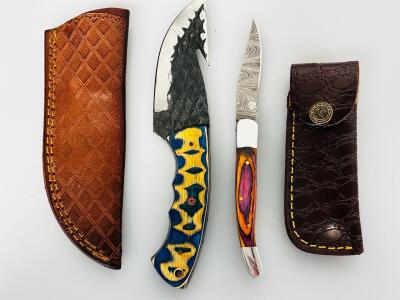 Custom Fixed Blade Gut Hook & Damascus Folding Knife Set &ndash; Dyed Wood Handles, Leather Sheaths