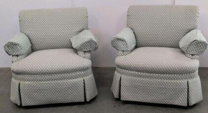 Pair Skirted Rolled Arm Upholstered Armchairs, Geometric Pattern, Blue-Green Fabric